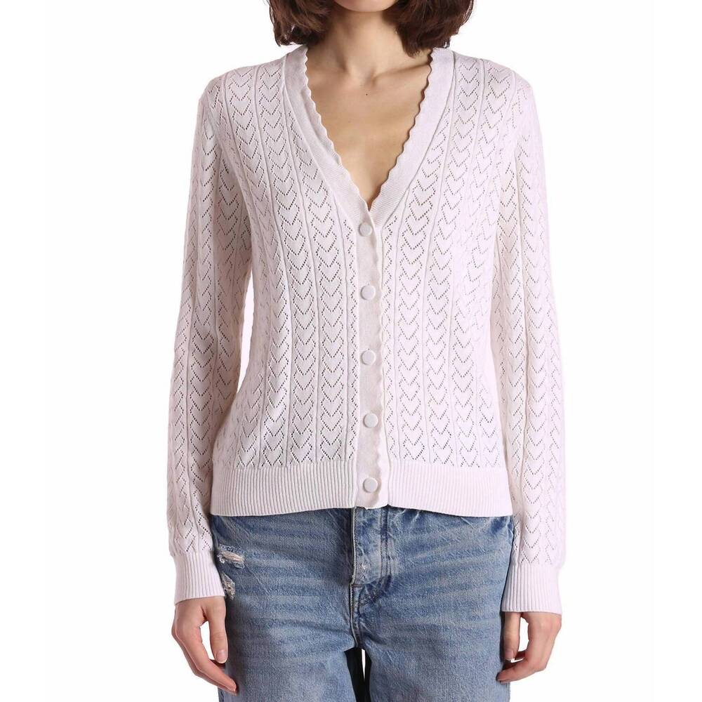 NEW MINNIE ROSE heart pointelle scalloped cardigan in white